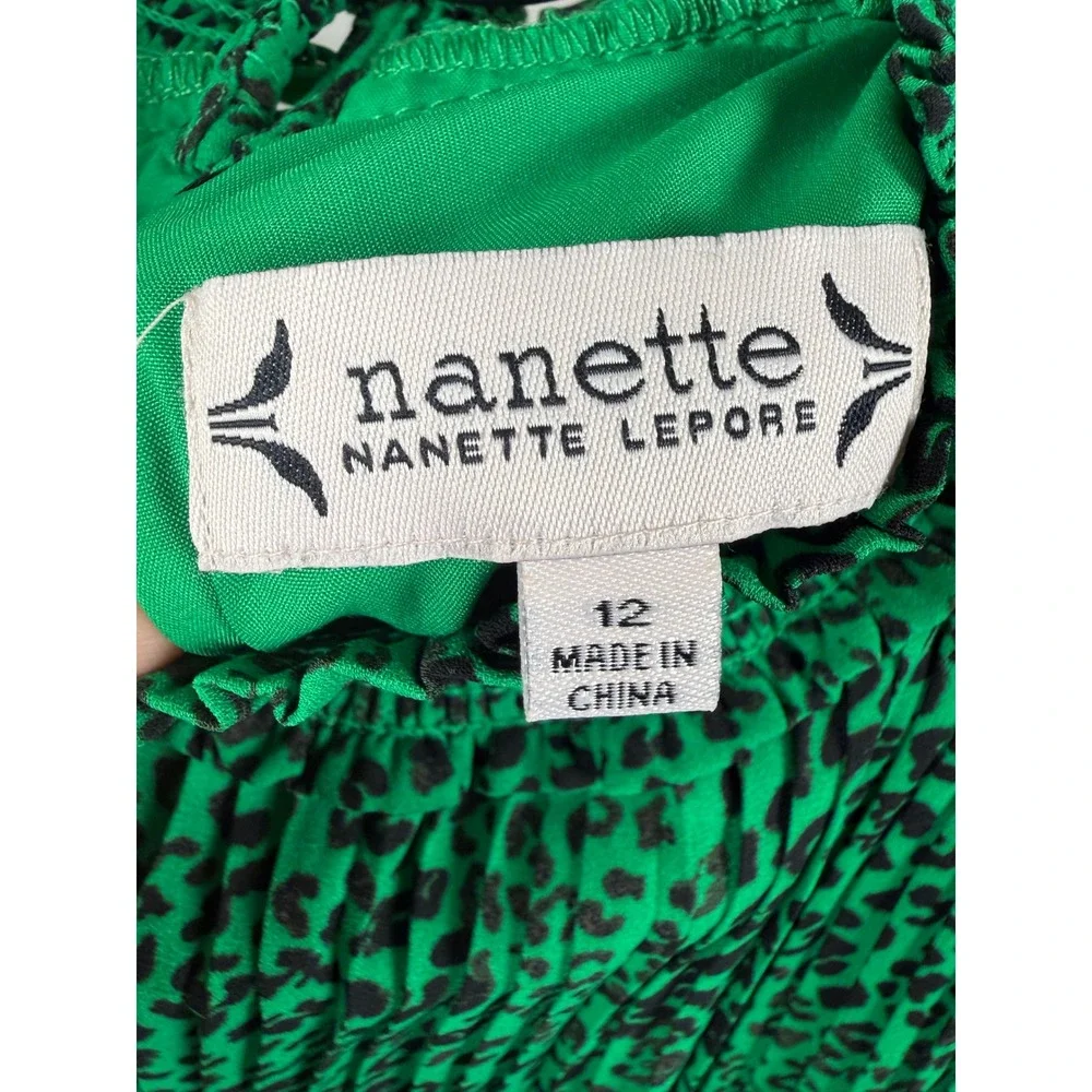 Nanette Lepore Green Leopard Print Pleated Mock Neck Smocked Midi Dress Size 12 - Picture 3 of 14